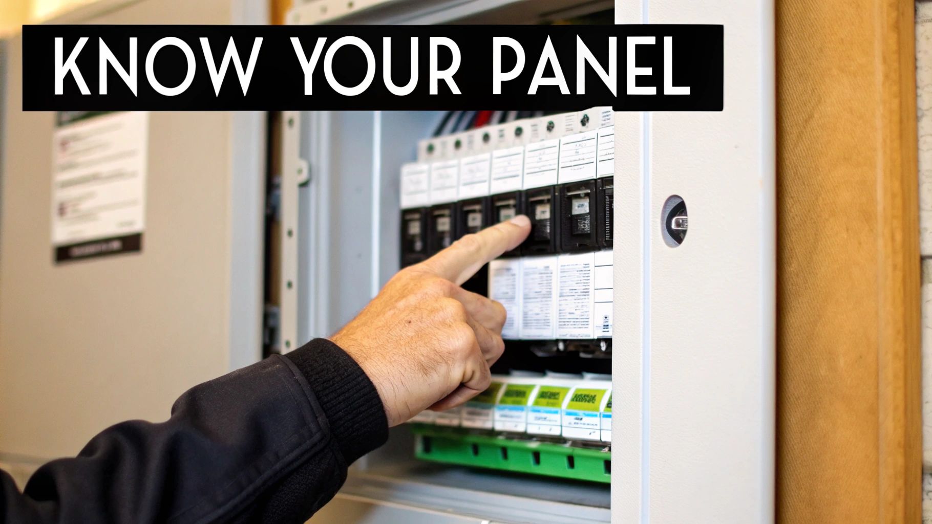 A person's hand points to a circuit breaker inside an open electrical panel with a 'KNOW YOUR PANEL' text overlay.
