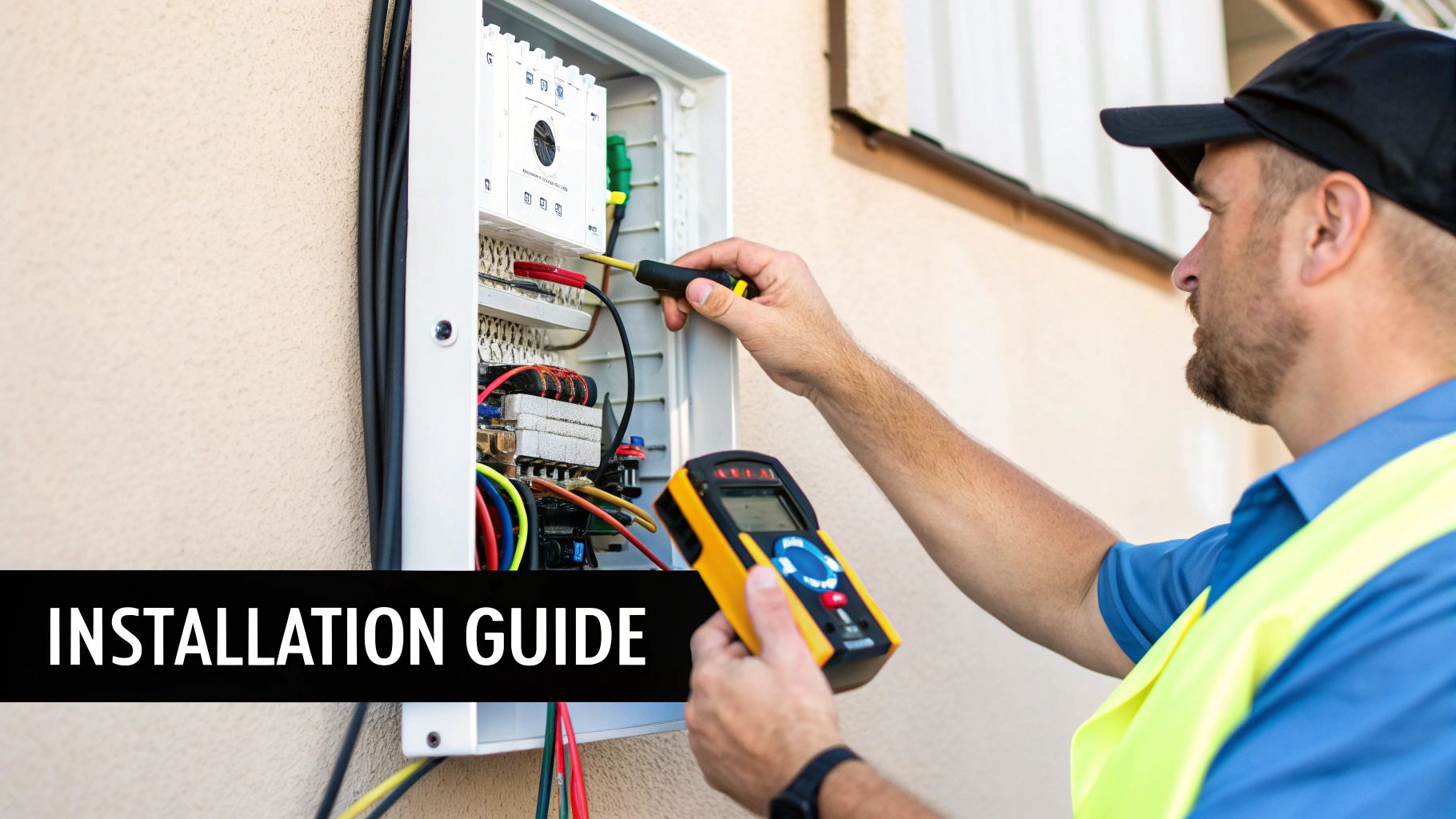 An electrician in a safety vest uses a screwdriver and multimeter to work on an outdoor electrical panel during an installation.