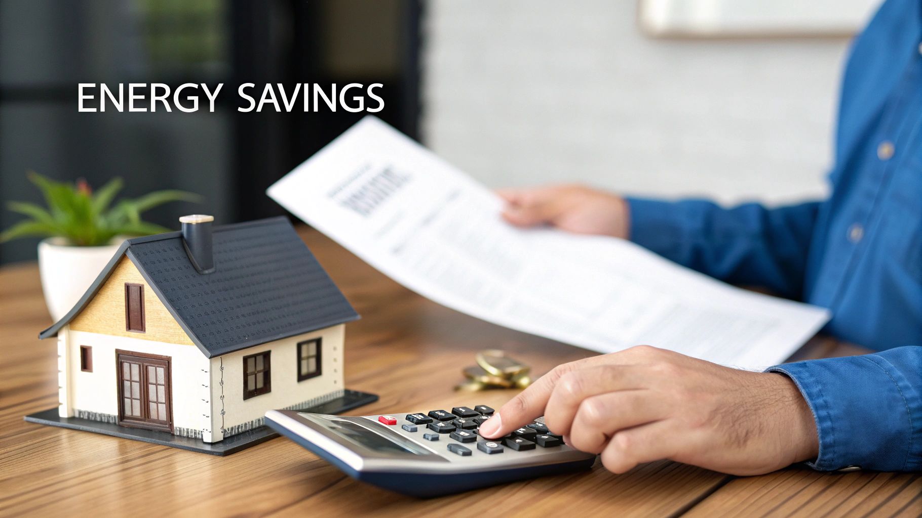 Ductless Mini Split vs Central Air for Your Arizona Home 3 A person calculates household bills on a calculator with a miniature house model, coins, and bills.