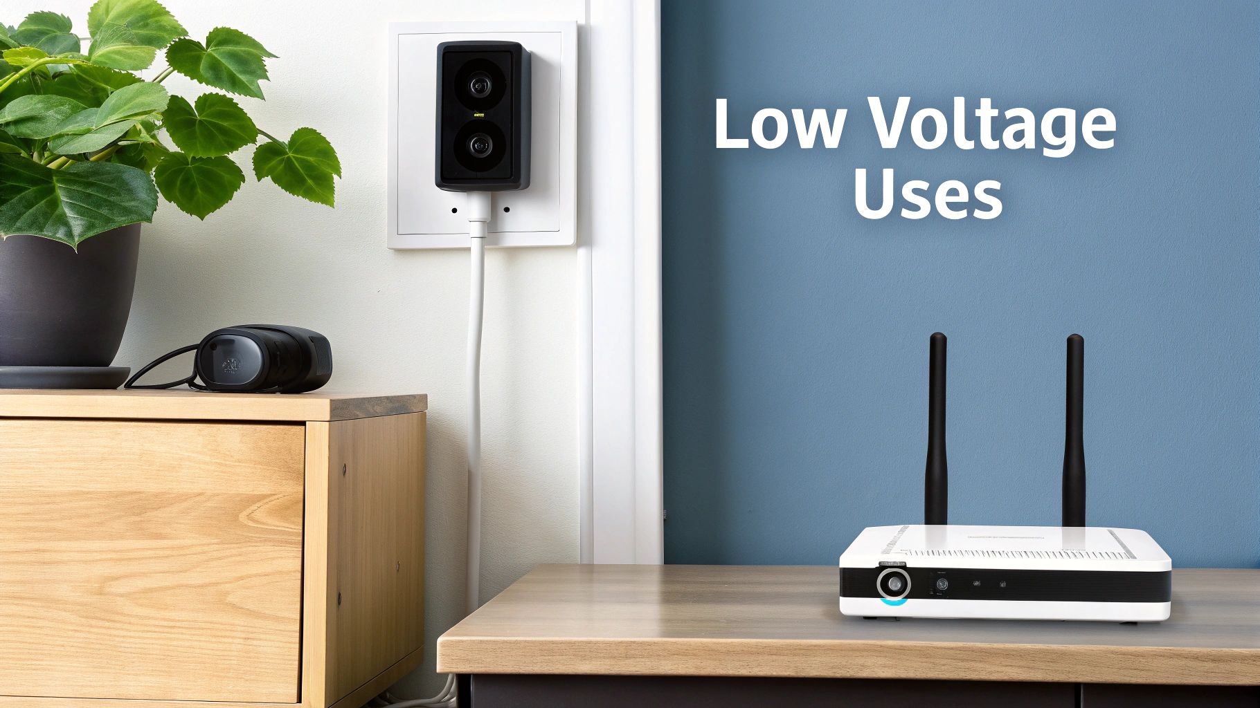 Smart home devices like a wall-mounted camera, portable speaker, and Wi-Fi router, highlighting low voltage applications.
