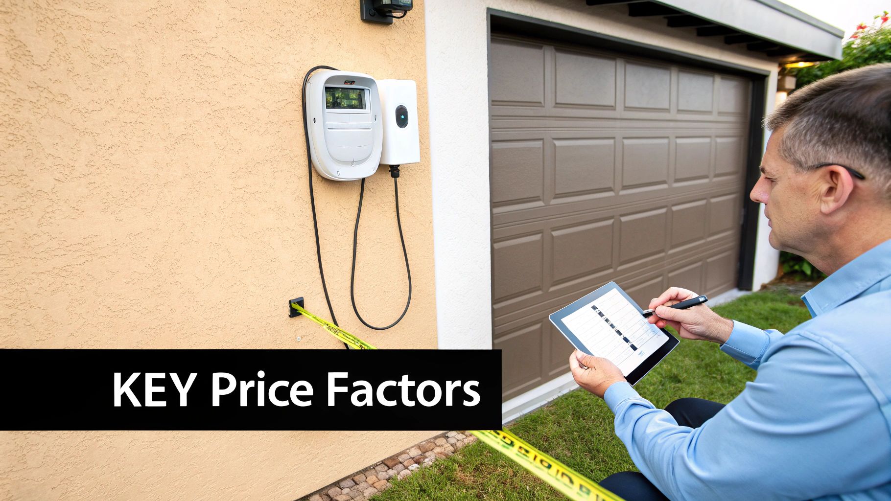 Man evaluating an electric vehicle charger installation with a tablet and stylus on a textured wall.