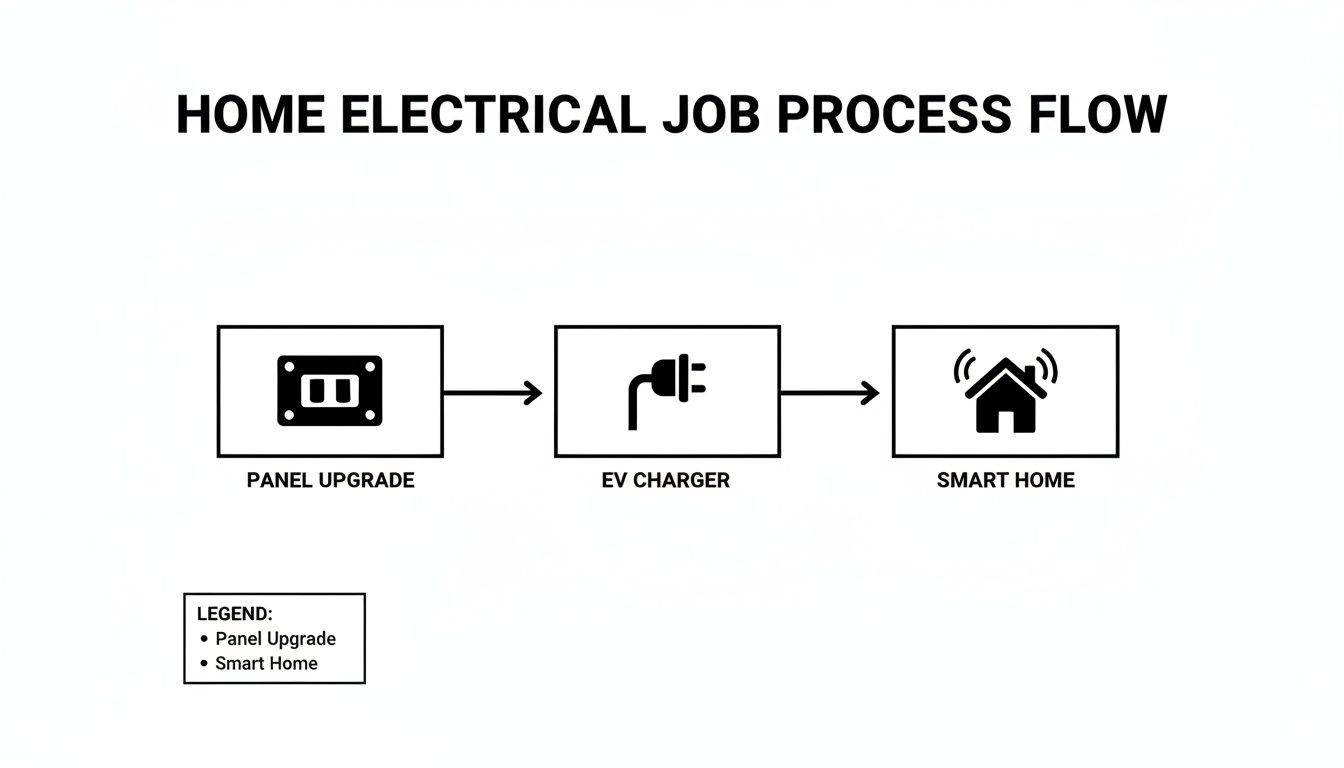 A flow diagram showing the home electrical job process: panel upgrade, EV charger, and smart home.