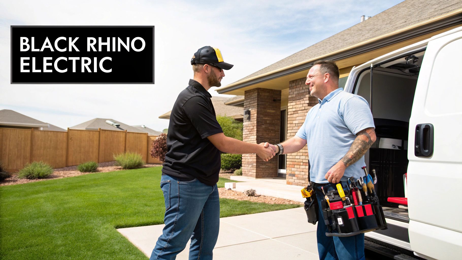 An electrician from Black Rhino Electric shakes hands with a client near a service van and home.