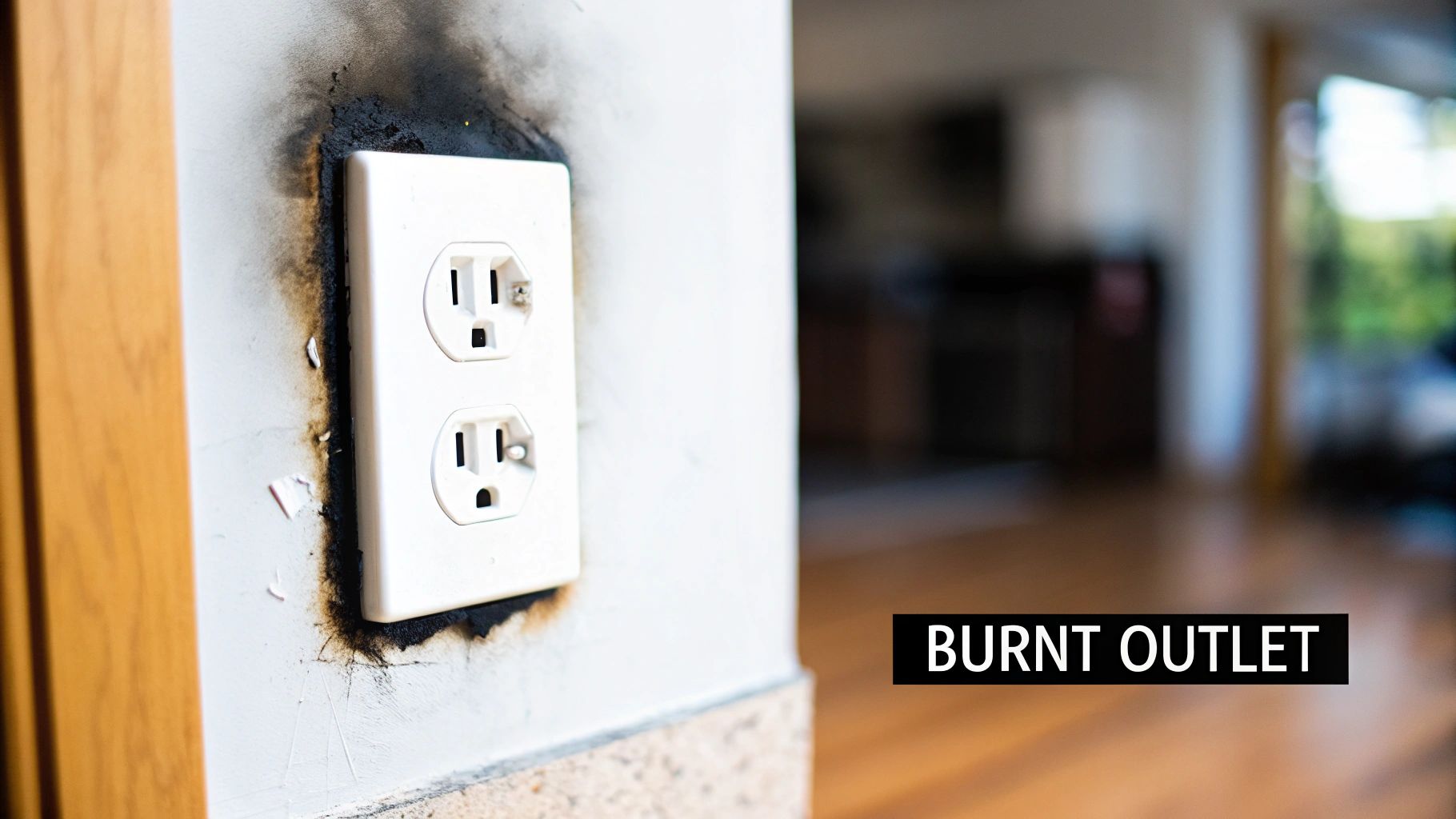 Close-up of a white electrical outlet with black burn marks on a white wall, indicating an electrical issue.