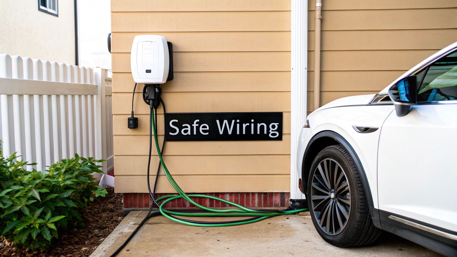 White electric vehicle charging at a home EV station, featuring a 'Safe Wiring' sign.
