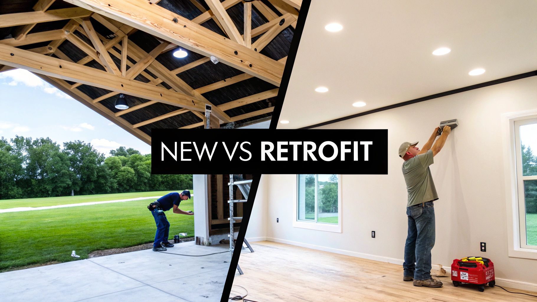 Split image showing new construction with exposed beams and a finished room with recessed lights.