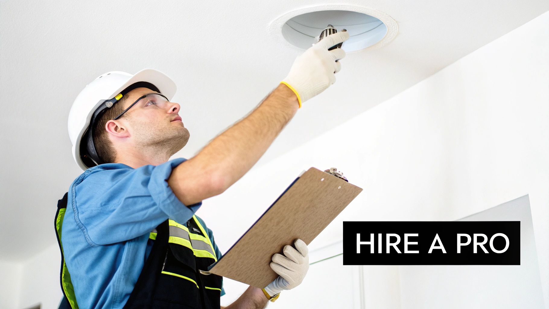 Professional electrician installing recessed lighting in a ceiling while holding a clipboard, wearing safety gear.