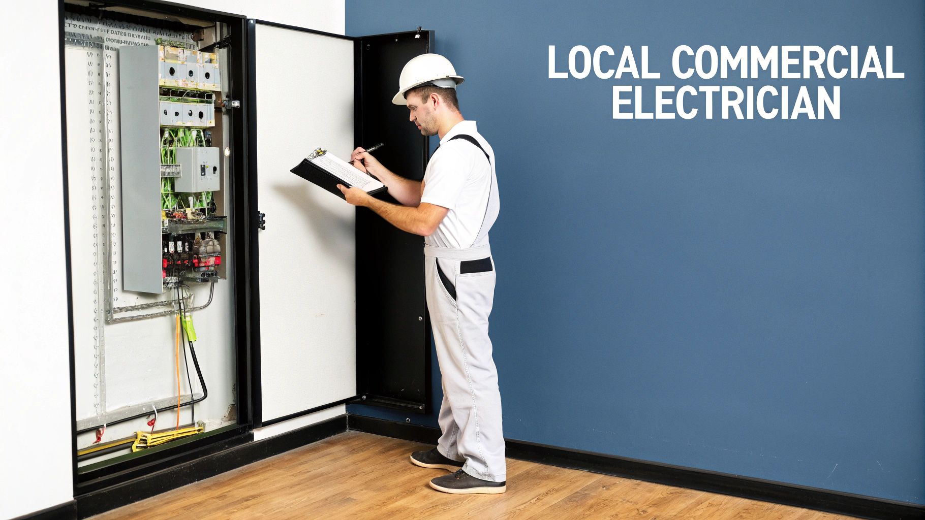 A commercial electrician in a hard hat inspects an open electrical panel, writing notes on a clipboard.