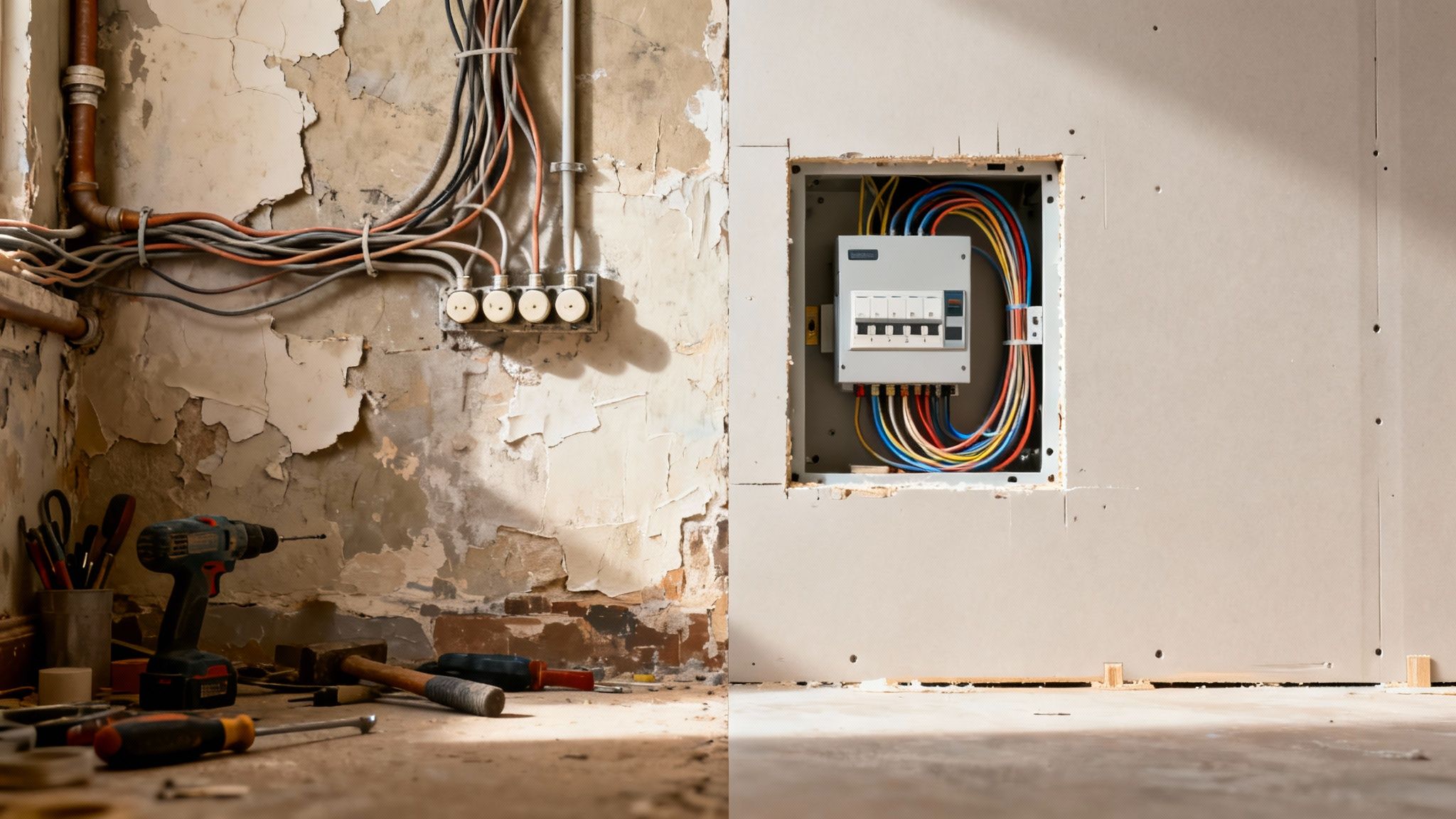 Comparison of old exposed electrical wiring and tools with a new circuit breaker panel.