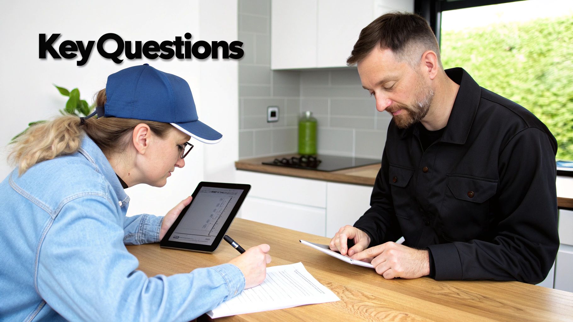 Two people, possibly an electrician and client, reviewing plans on tablets and paper in a modern home.