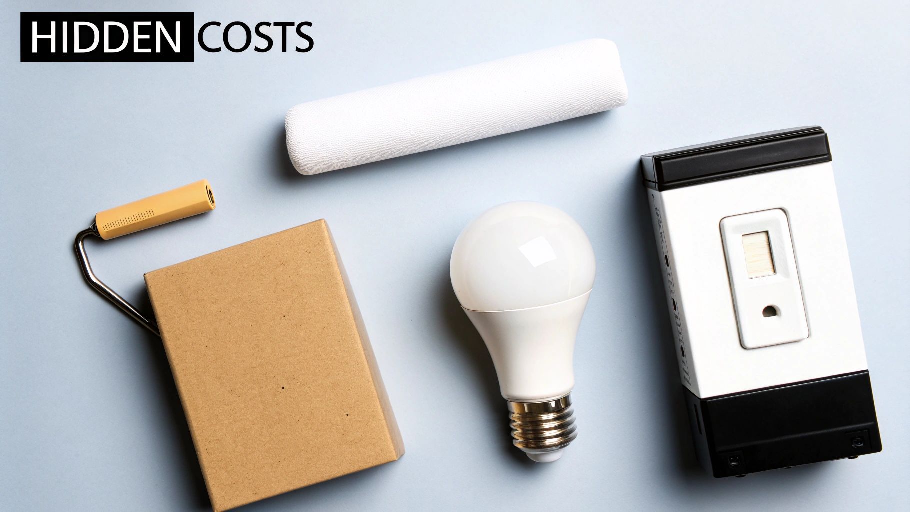Home improvement items like an LED bulb, smart device, and paint roller, suggesting 'HIDDEN COSTS'.