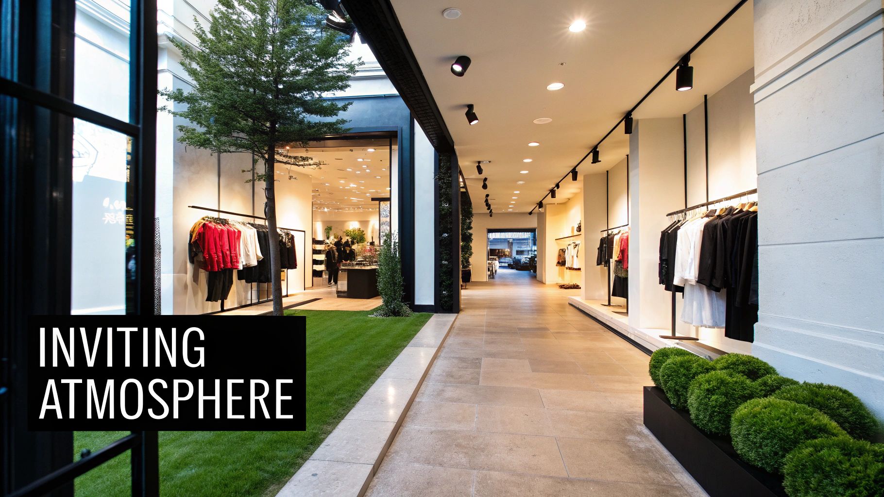 A well-lit modern retail store with clothing displays, a courtyard, and an inviting atmosphere.