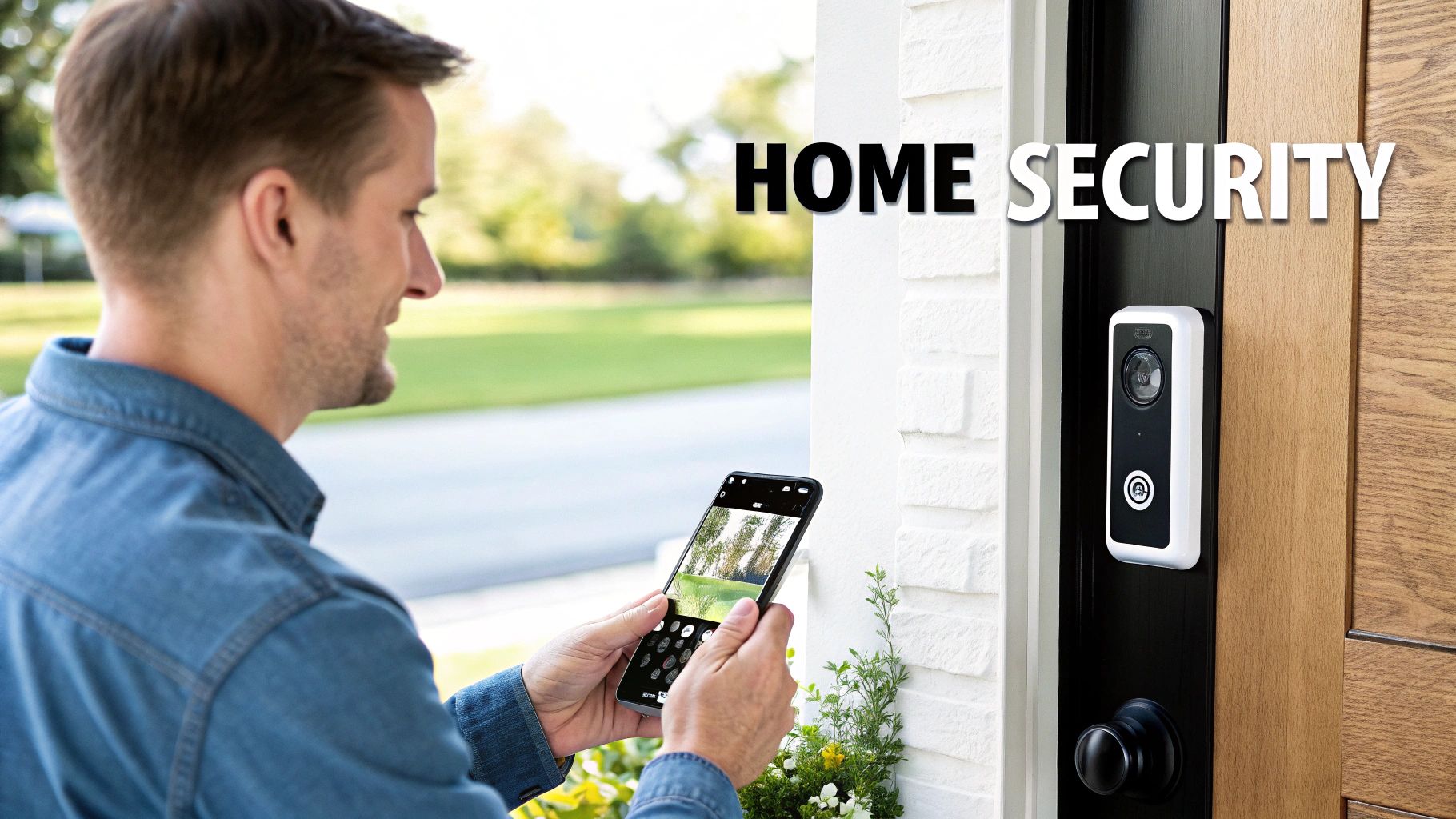 Man checking live video feed from a smart doorbell on his phone for home security.