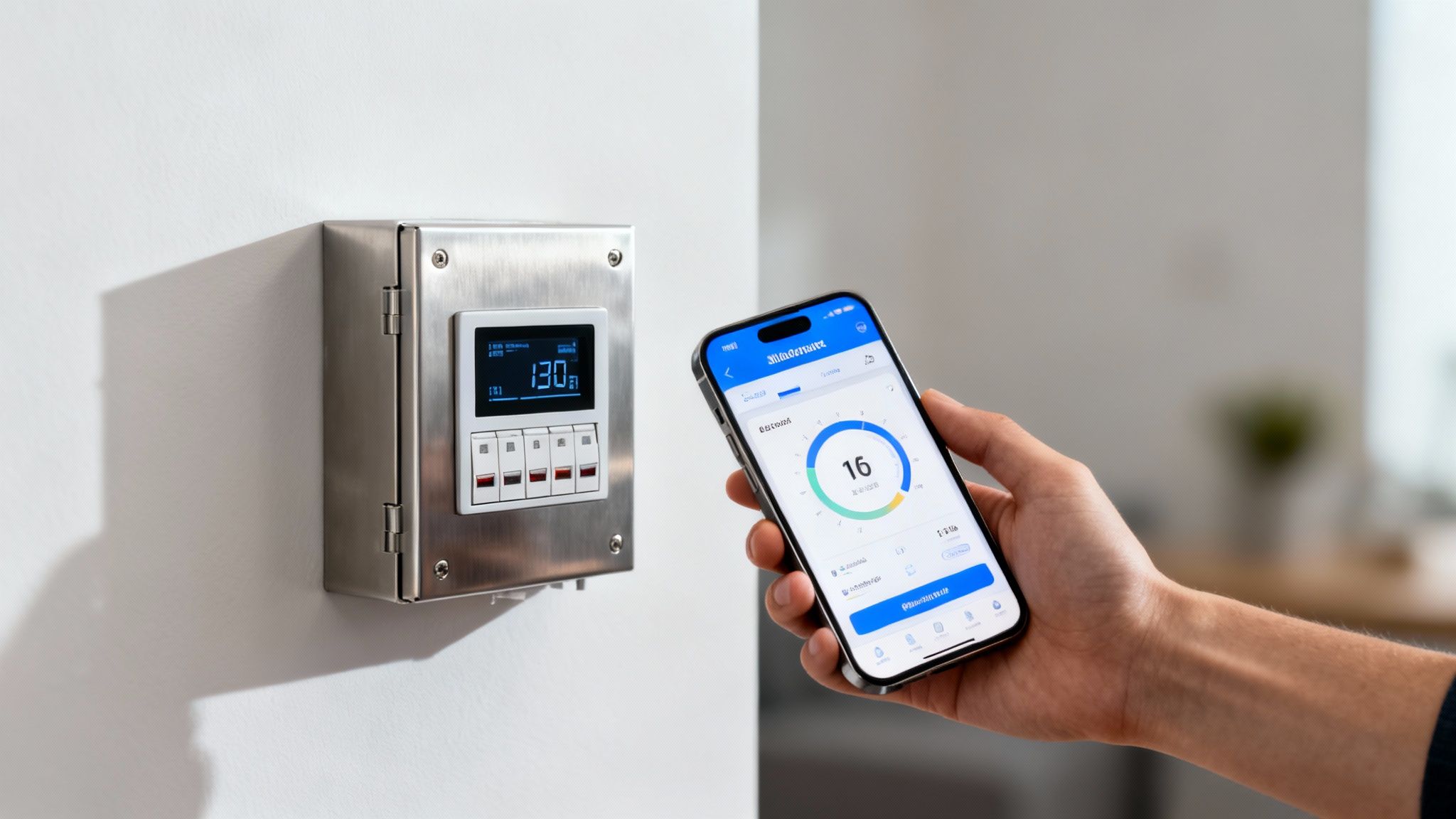 A hand holds a smartphone displaying a smart home app next to a modern electrical panel.