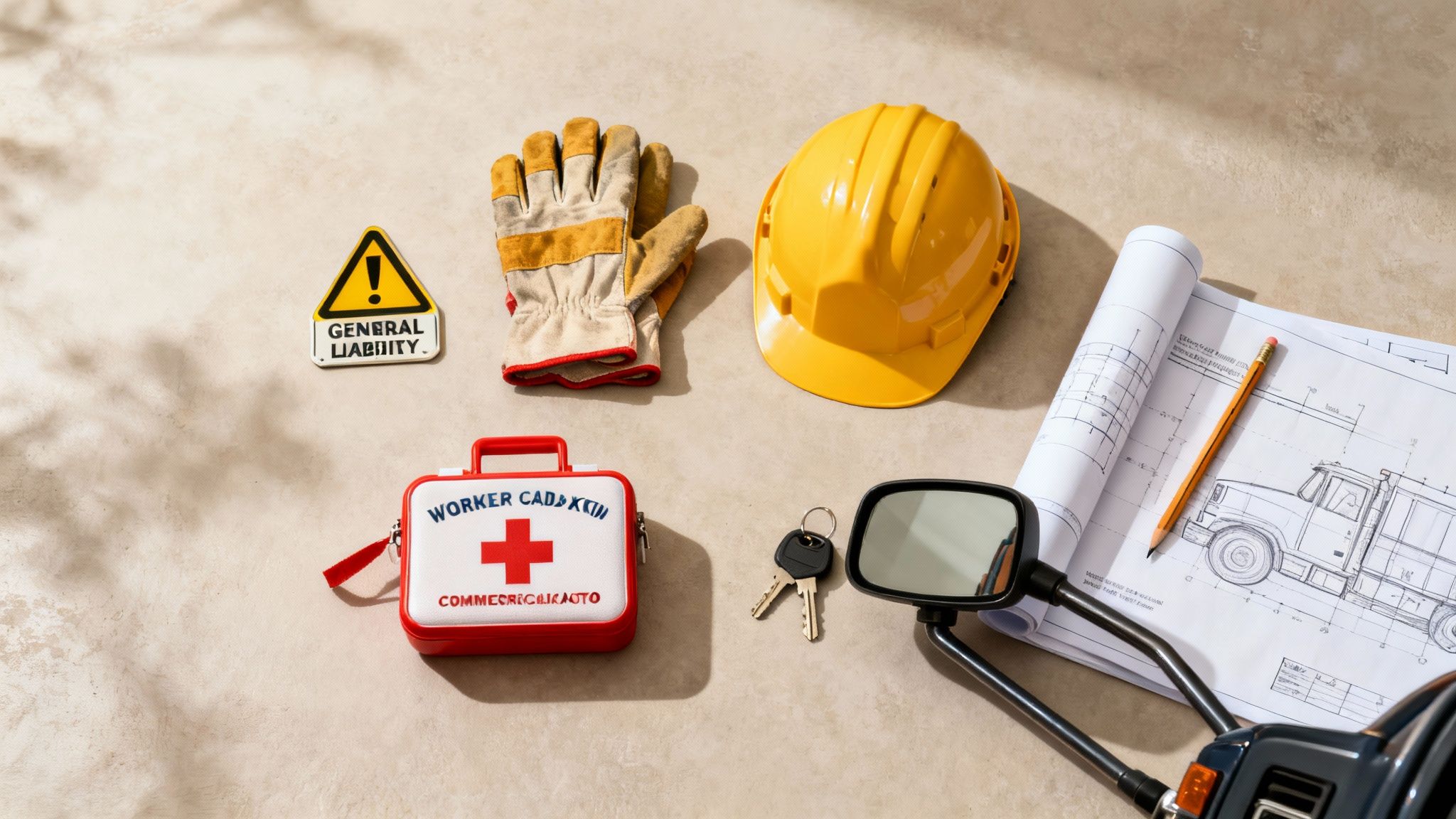 Construction worker essentials: hard hat, gloves, blueprints, first aid kit, keys, and liability sign.