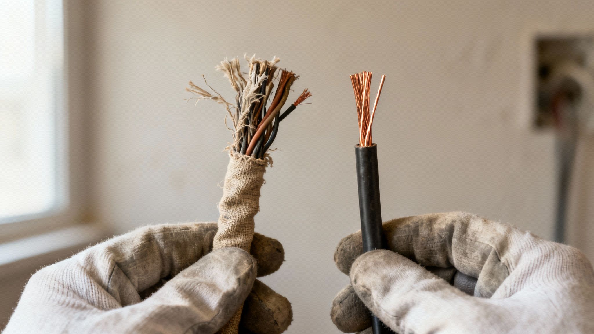 Worker in gloves comparing old, frayed electrical wire with new, exposed copper wiring.