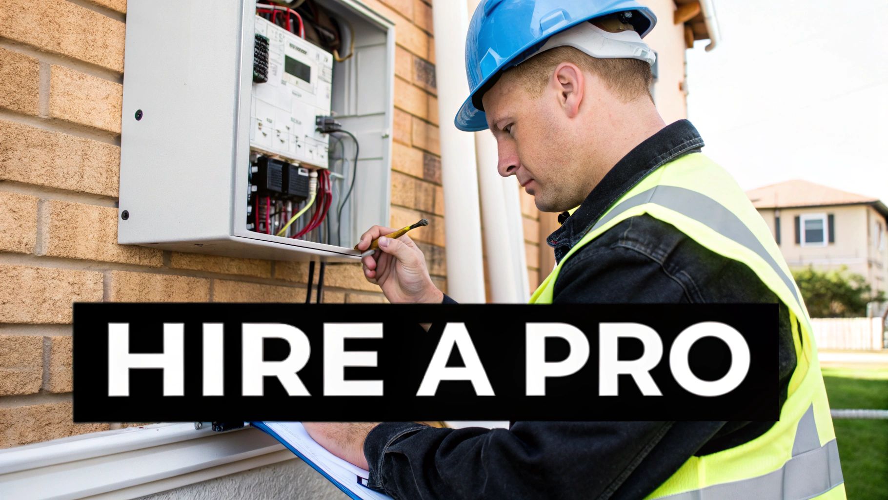 An electrician in a hard hat and high-vis vest working on an outdoor electrical panel.