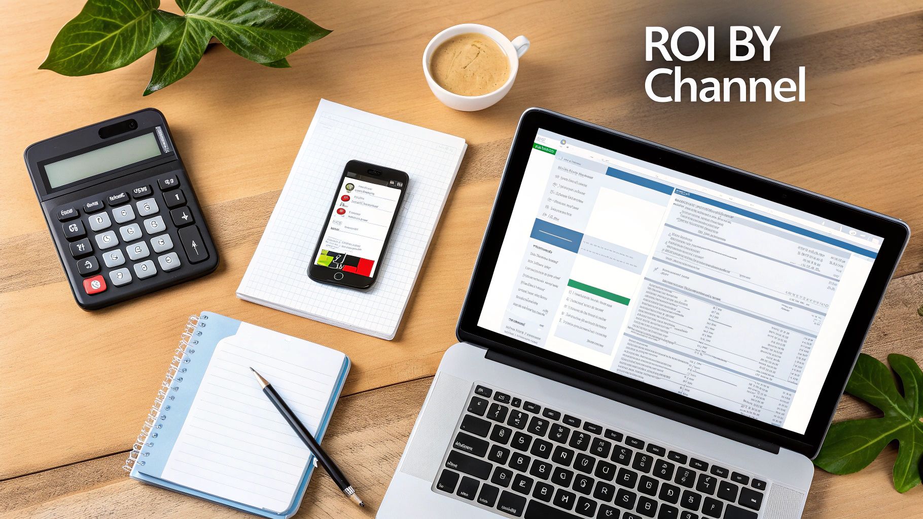 Overhead shot of a desk with a laptop displaying ROI data, calculator, smartphone, and coffee.