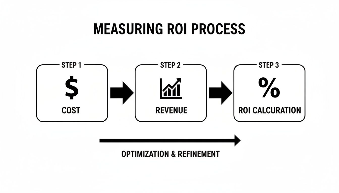 Diagram illustrating the three steps of measuring ROI: Cost, Revenue, and ROI Calculation, with optimization.