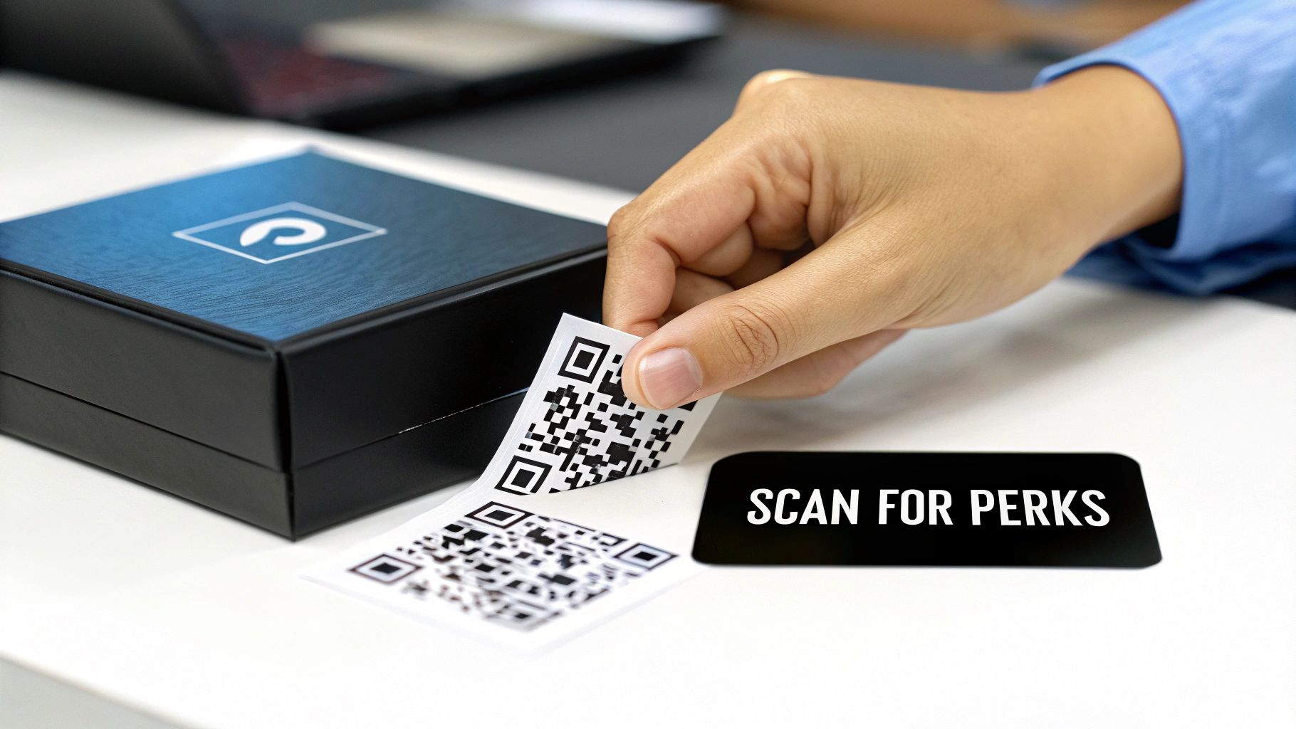A hand peels a QR code sticker next to a 'SCAN FOR PERKS' sign and a branded box.