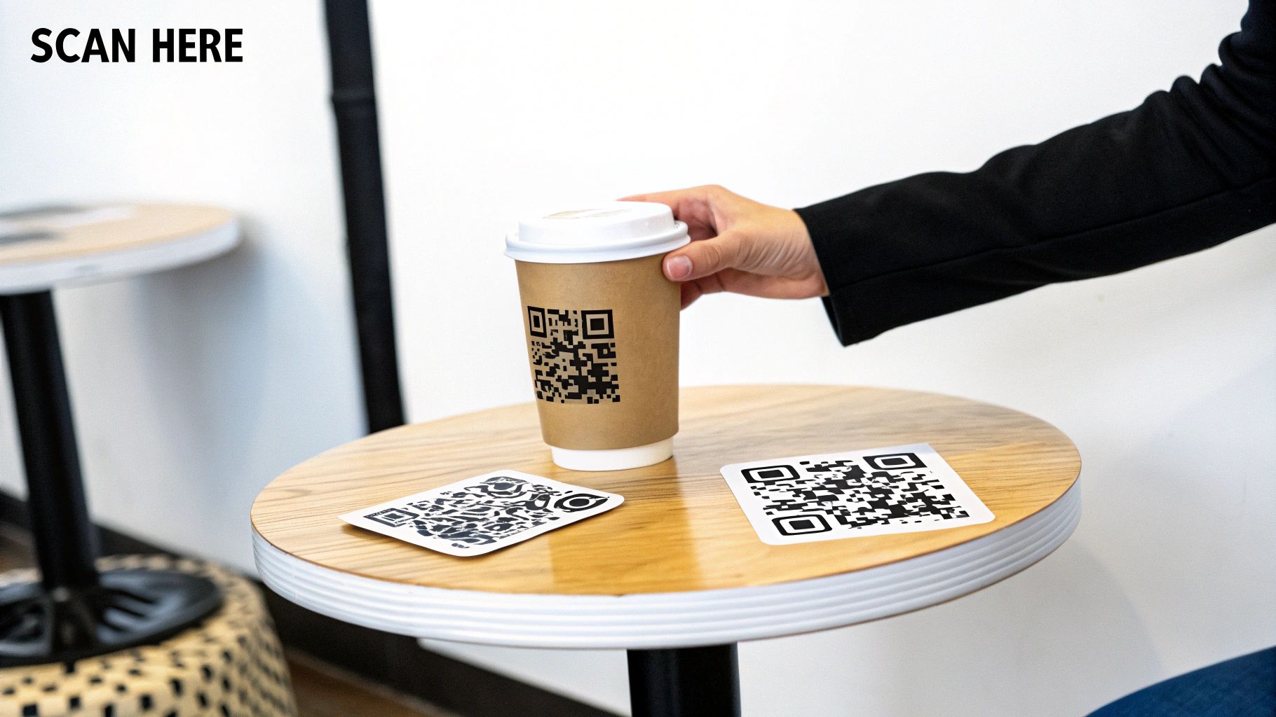 A hand holds a coffee cup with a QR code sticker, with two more on a wooden table.