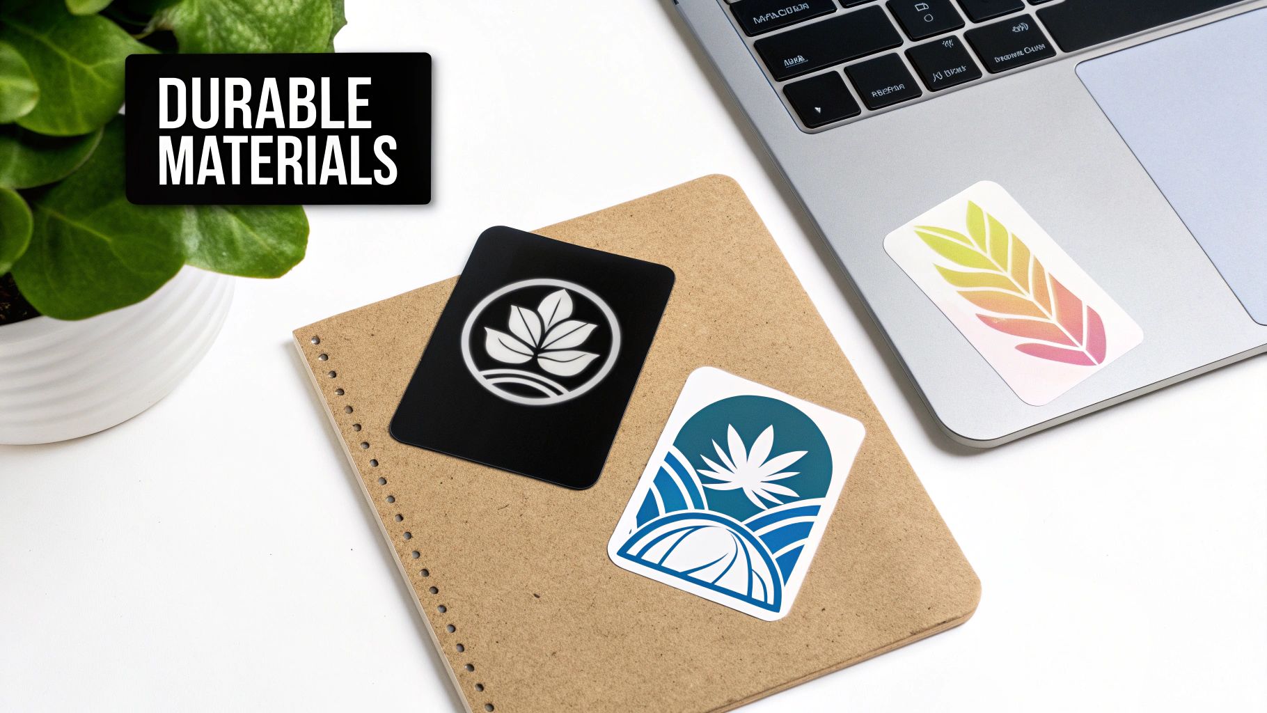 A desk with a plant, laptop, notebook, and various custom stickers, highlighting durable materials.