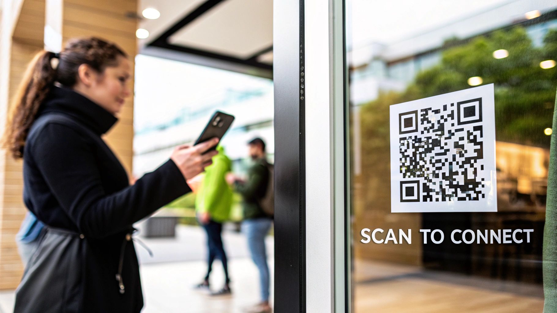 A woman uses her smartphone to scan a 'Scan to Connect' QR code on a glass door.