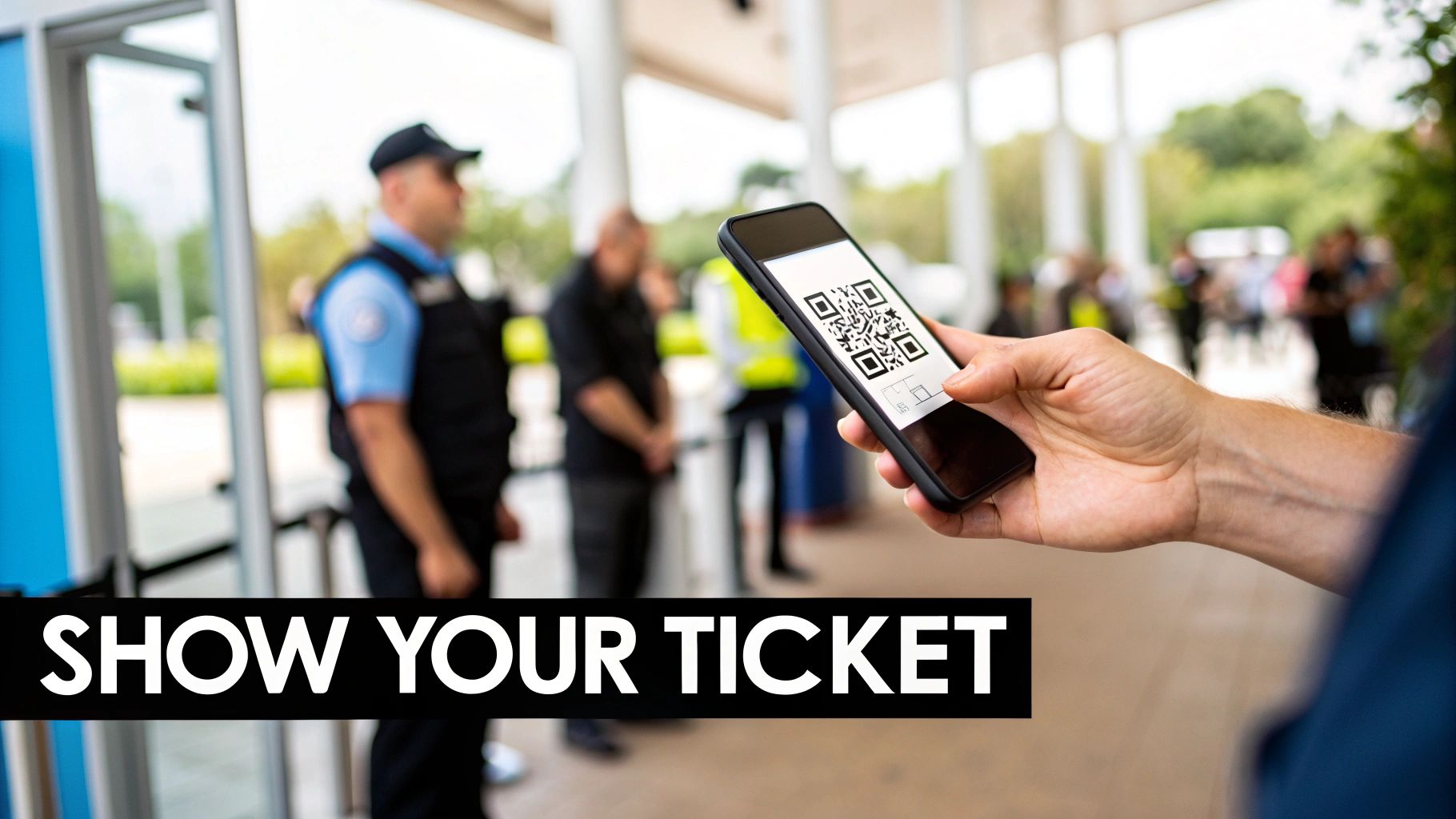 A person holds a smartphone with a QR code displayed for ticket validation at an entrance.