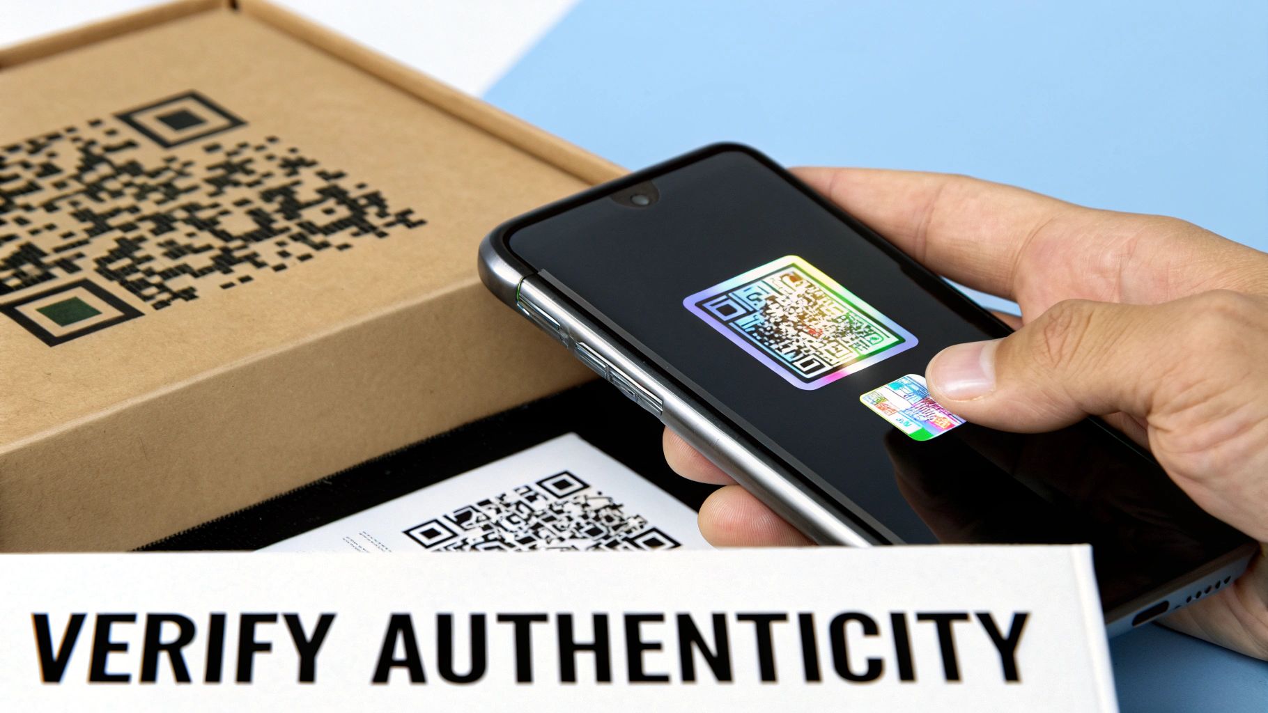 A hand holds a smartphone scanning a QR code on a brown box, with “Verify Authenticity” text.