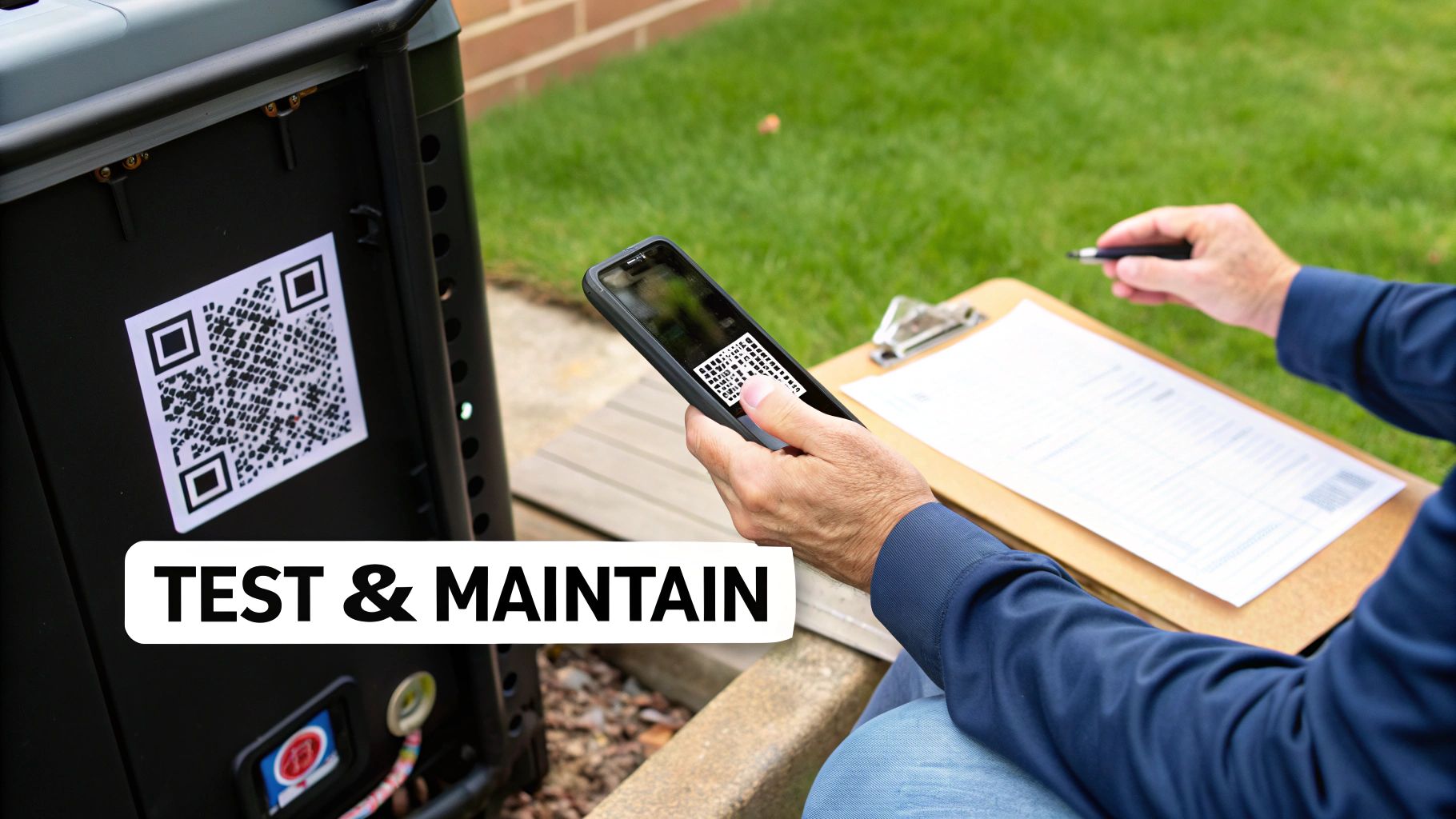 A person scans a waterproof QR code sticker on outdoor equipment with a smartphone during maintenance.