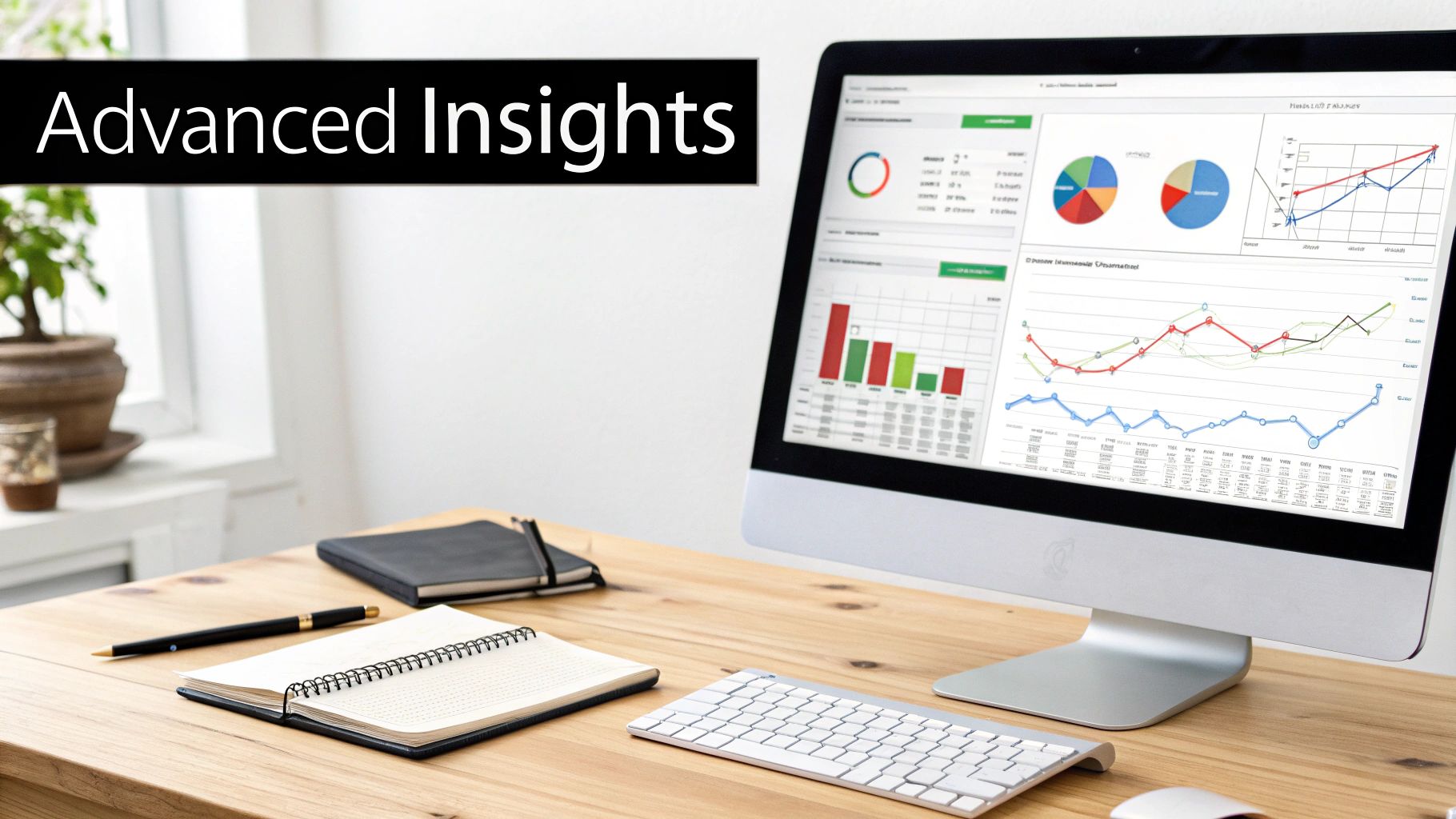 A modern workspace with a computer monitor displaying advanced data analytics and business insights.
