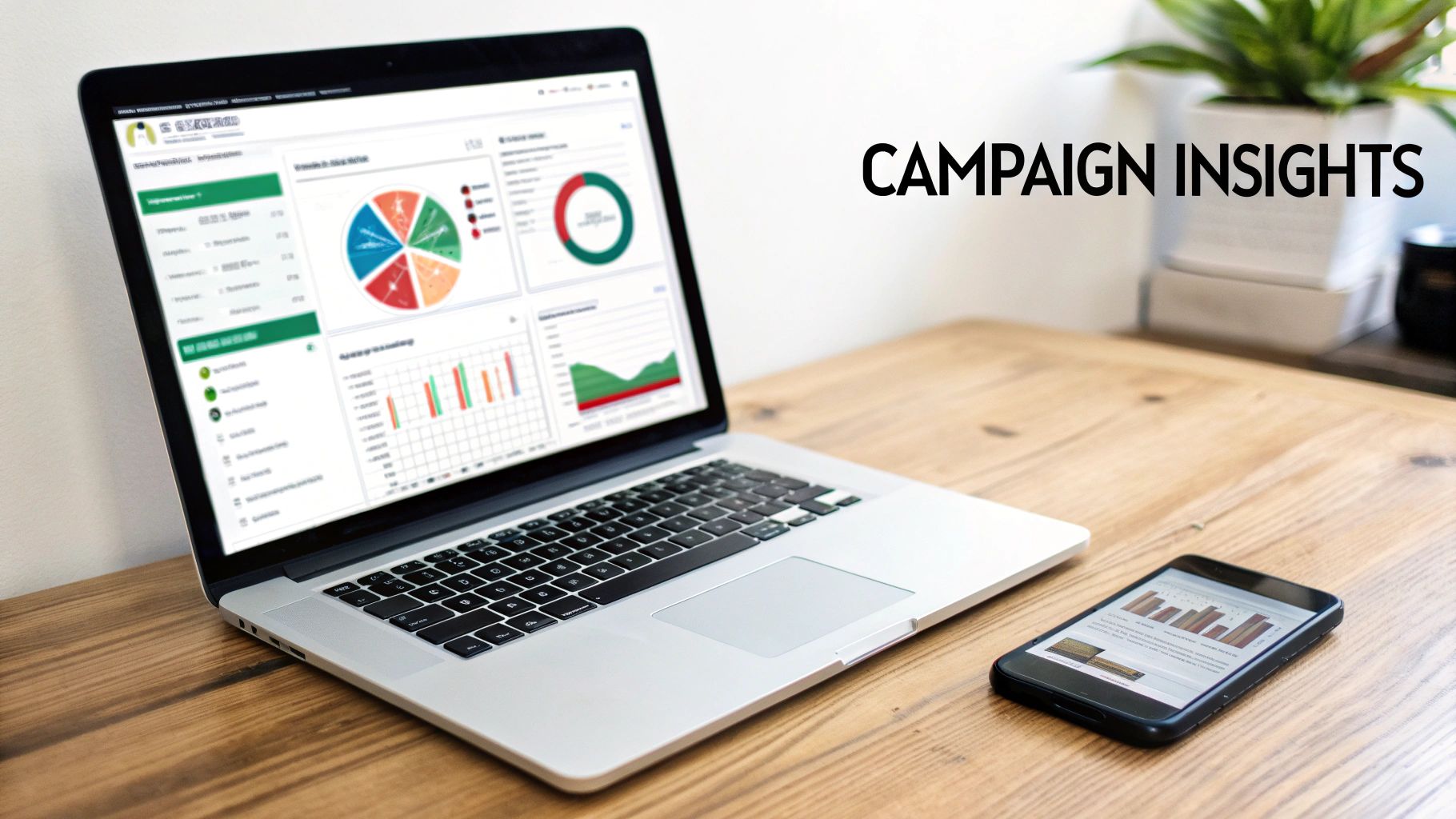 A laptop and smartphone on a wooden desk displaying campaign insights with charts and graphs.