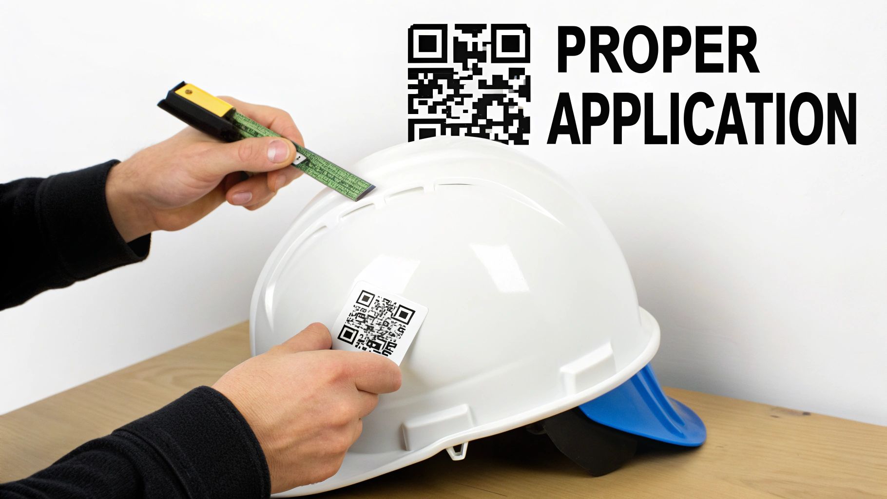 A person's hands using a ruler to properly apply a QR code sticker to a white hard hat.