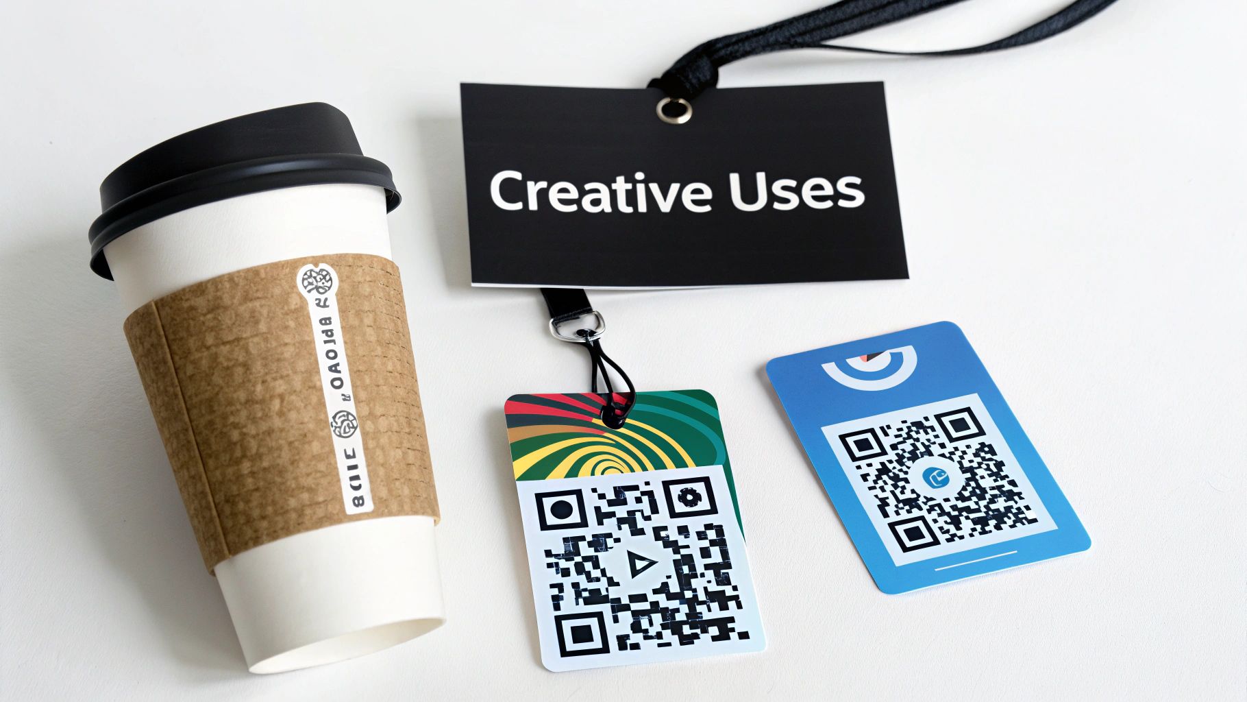 A coffee cup, a 'Creative Uses' lanyard, and two QR code cards on a white surface.