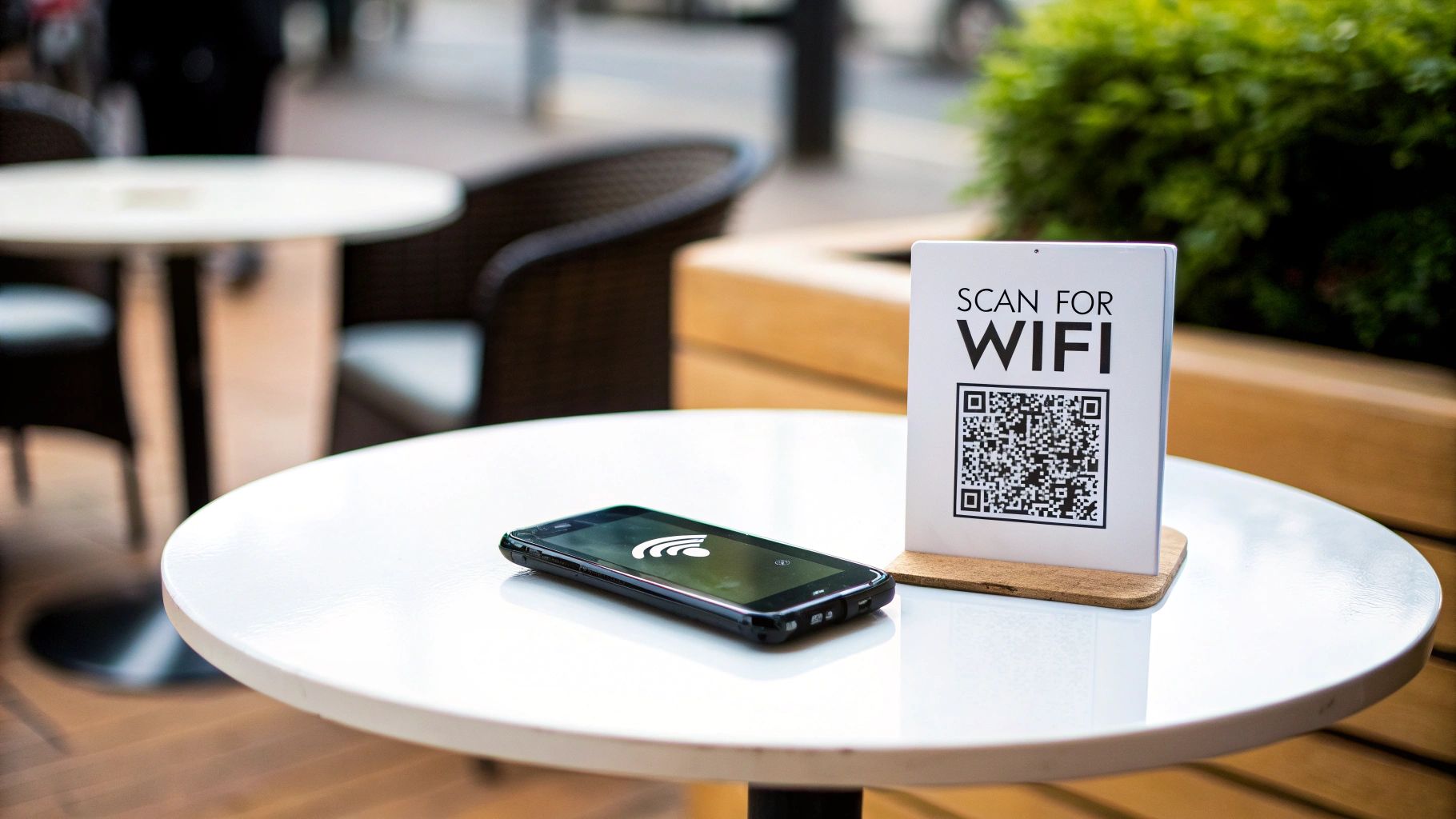 A smartphone and a 'Scan for WIFI' sign with a QR code on a white outdoor cafe table.