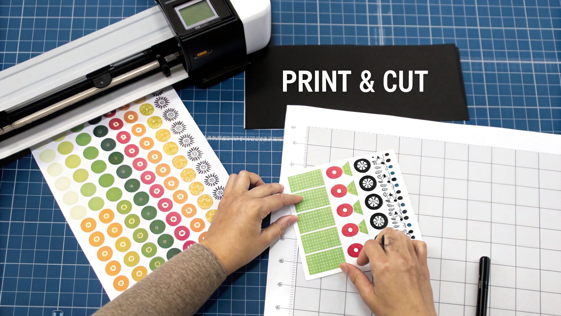Hands place printed sticker sheets onto a cutting mat for an electronic cutting machine, showing 'PRINT & CUT'.