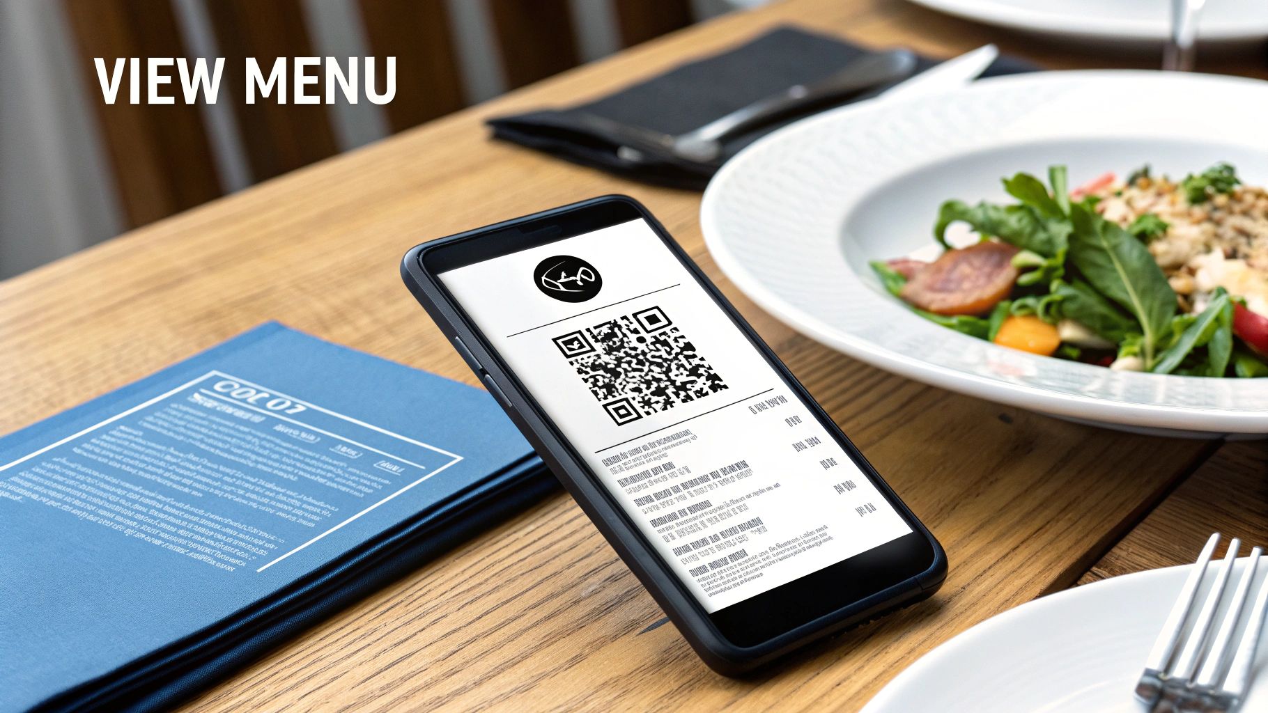 Close-up of a smartphone showing a QR code menu on a restaurant table with a dish of food.