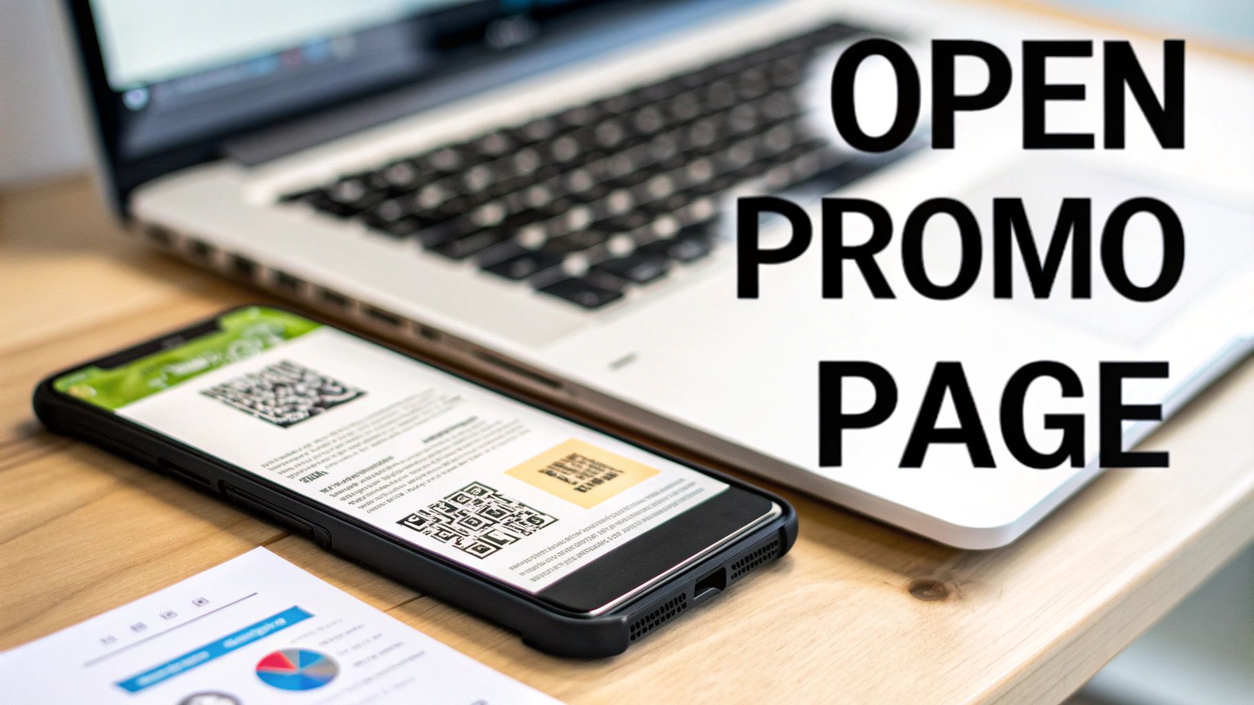 A smartphone displaying multiple QR codes and a promotional page next to a laptop.