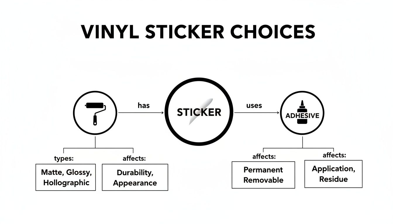 A flowchart detailing vinyl sticker choices, including types like matte, glossy, holographic, and adhesive properties.