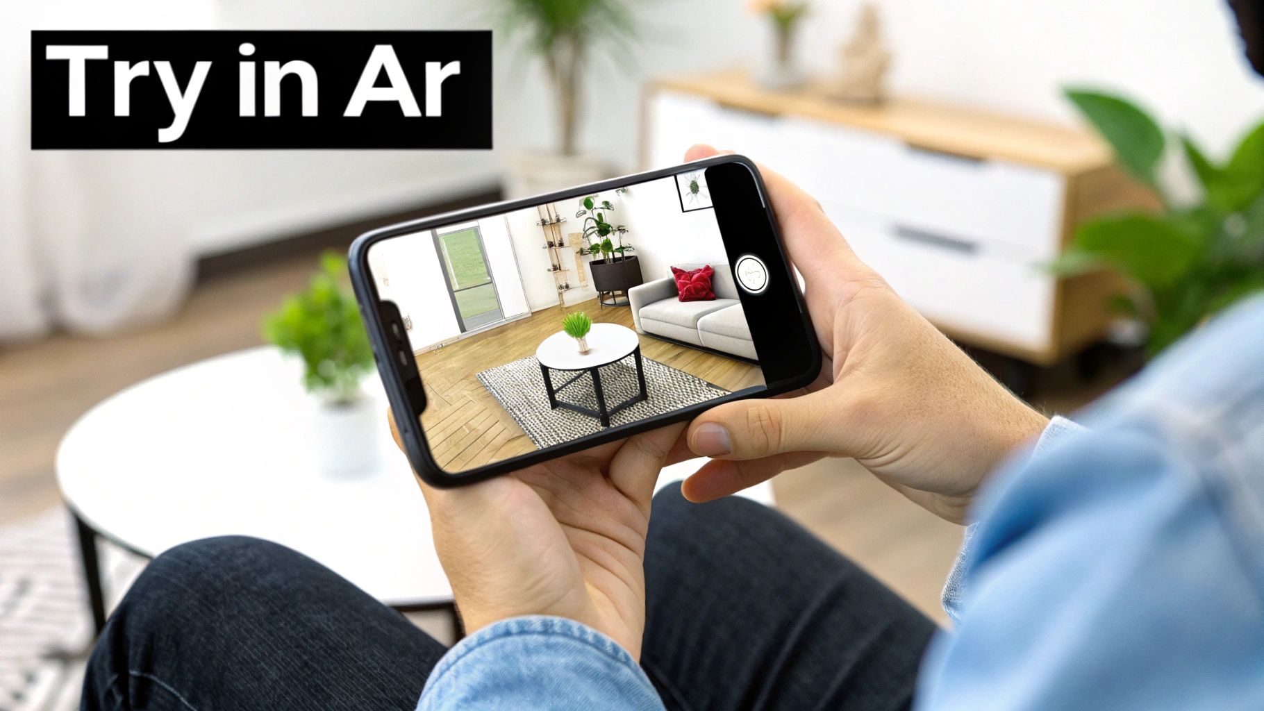 A person uses a smartphone to visualize furniture in a living room with augmented reality.