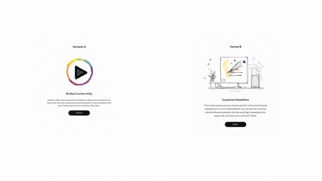 Two split test landing page variants showing video player design versus customer headlines illustration with call-to-action buttons