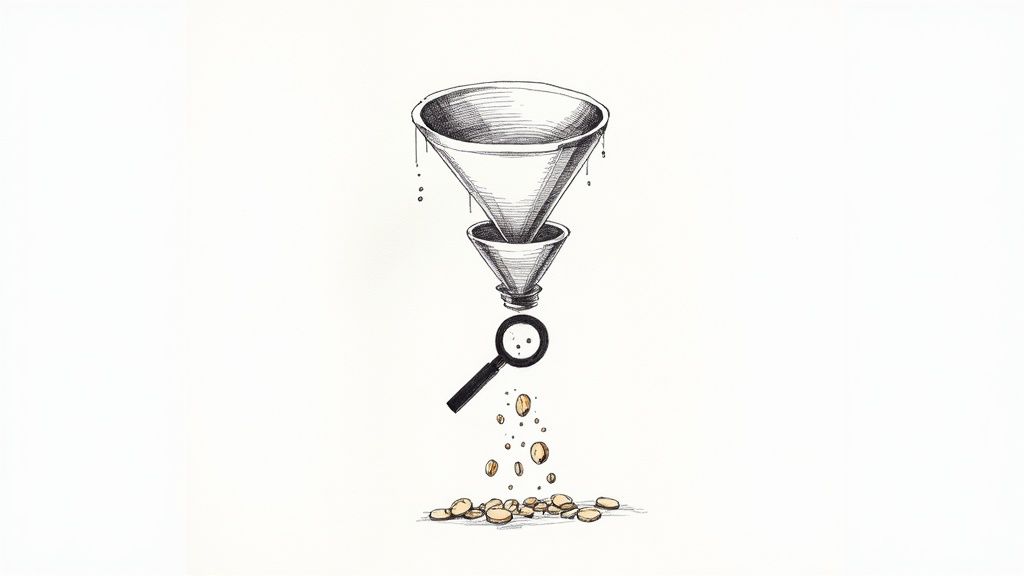A magnifying glass hovering over a digital sales funnel, highlighting areas where user icons are falling out, symbolizing customer drop-off points.