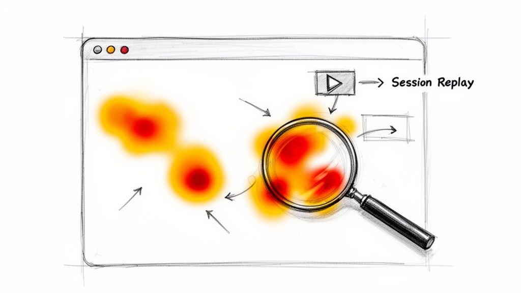 A sketch of a browser window displaying a heat map, with a magnifying glass examining user activity, and a 'Session Replay' icon.