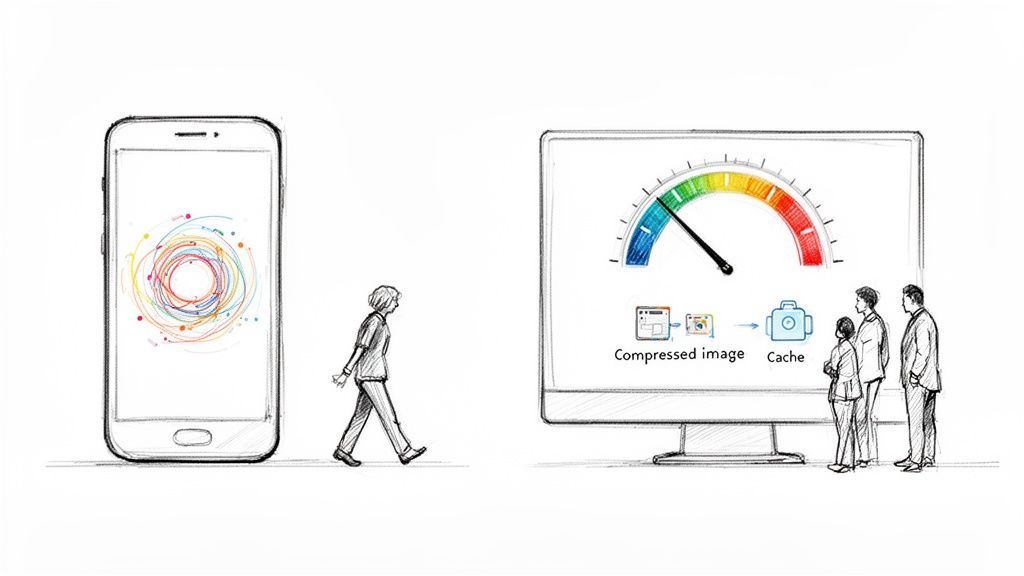 Sketch of smartphone, person, and monitor displaying web performance with speed gauge, compressed images, and caching.