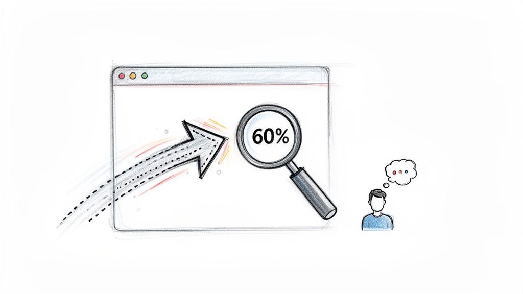 An illustration of a web browser, a 60% metric under a magnifying glass, and a person analyzing website performance.