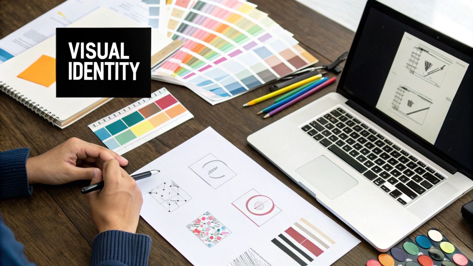 Close-up of designer selecting color swatches for a brand palette