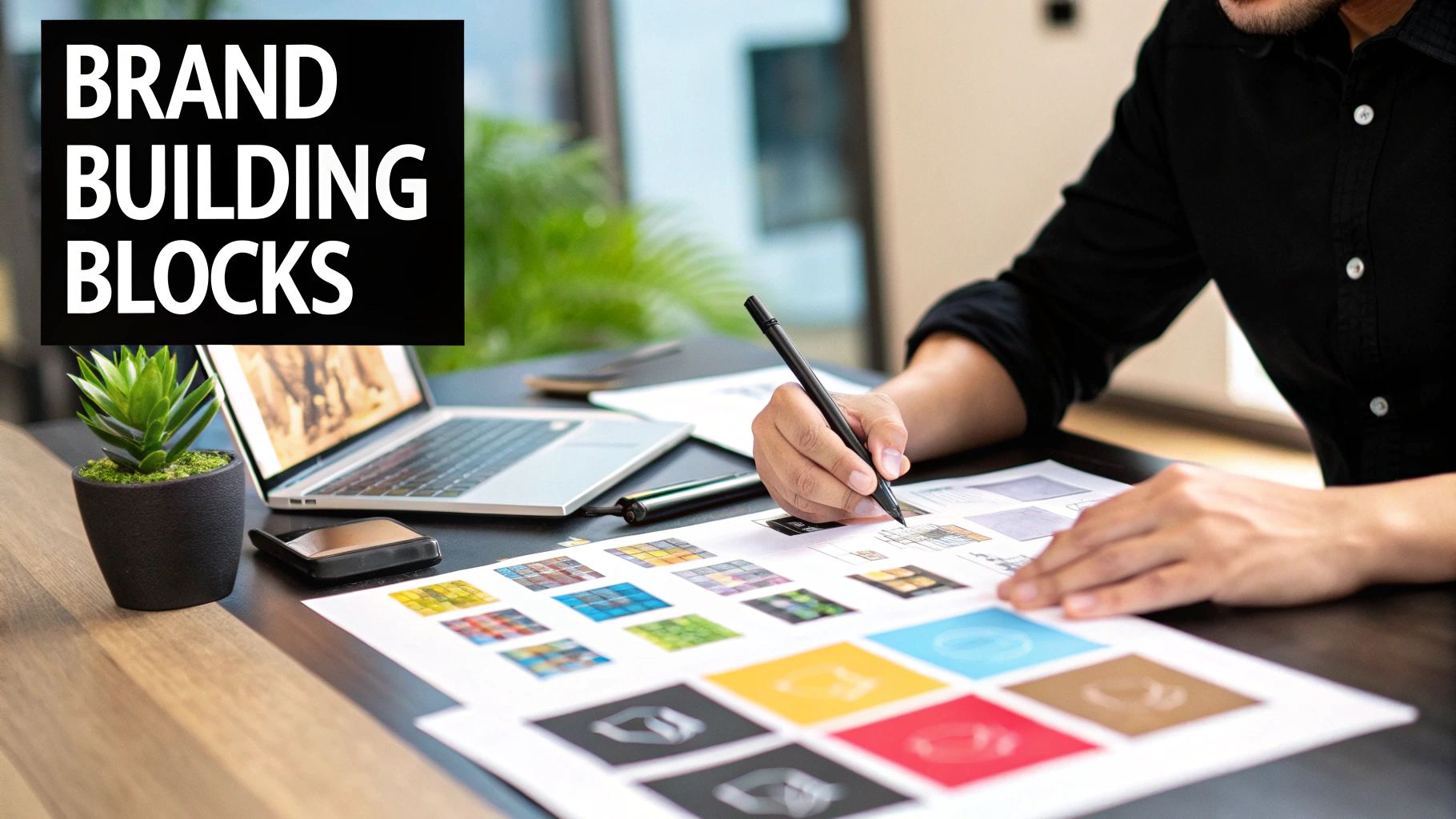 Illustration of building blocks with branding icons like logo, color palette, and text bubbles