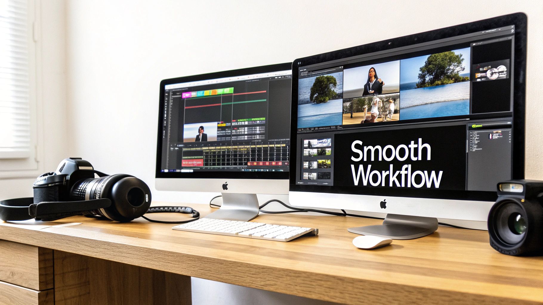 A videographer and client collaborating on a video edit in a modern studio.