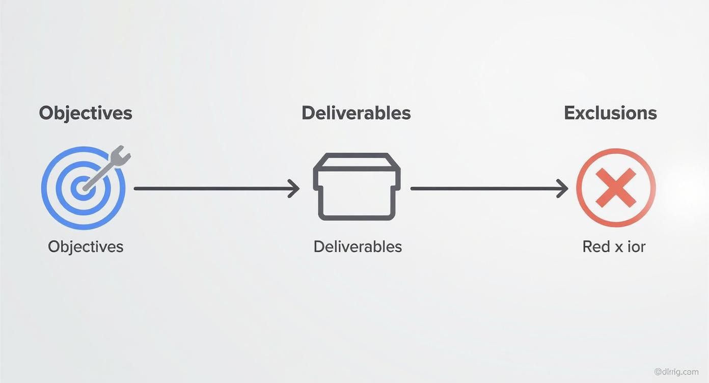 Diagram showing project objectives leading to deliverables, then to exclusions, defining project scope.