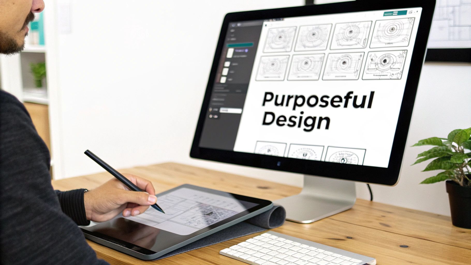 Designer using digital pen on tablet creating purposeful design presentation on computer monitor